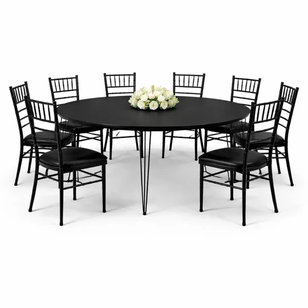 Isadora Black Round Top Table and Black Chivari Chairs Rental