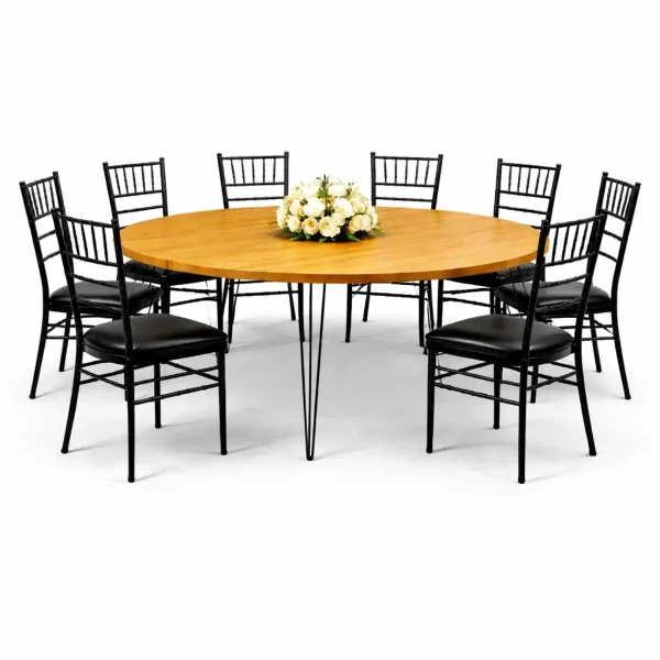 Isadora Rustic Top Round Table and Black Chivari Chairs Rental