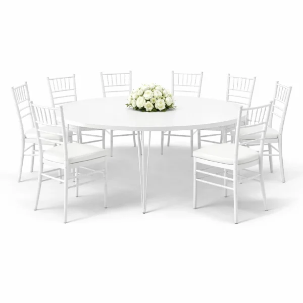 Isadora White Round Top Table and White Chivari Chairs Rental