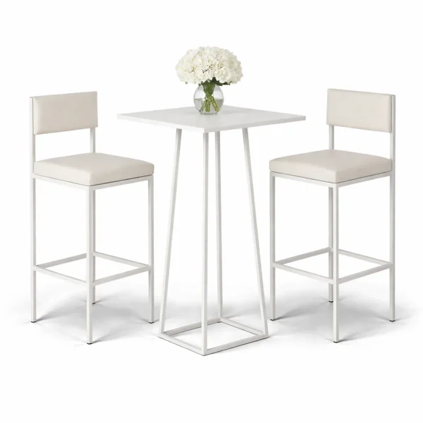 Linea White Cocktail Table & Linea White Bar Stools Rentals