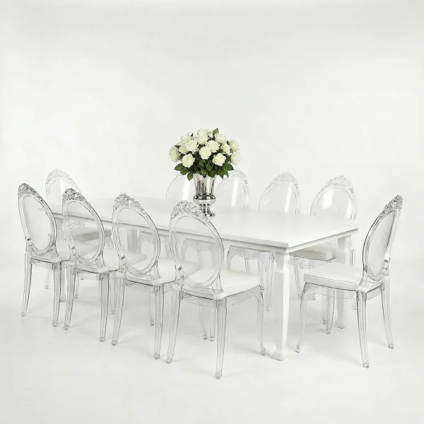 Avalon White Dining Table and Adonis Acrylic Chair Rental