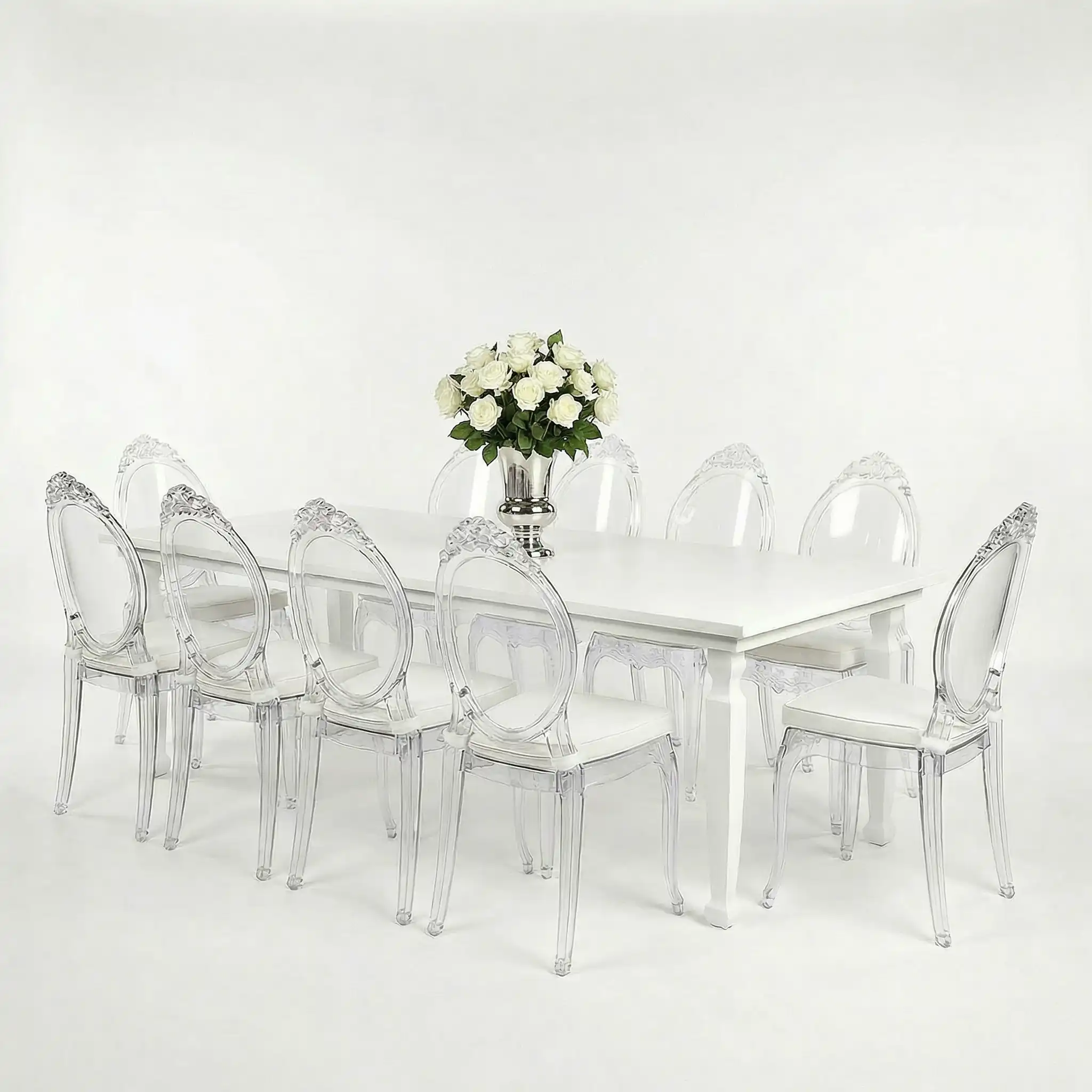 Avalon White Dining Table and Adonis Acrylic Chair Rental - Event Souk