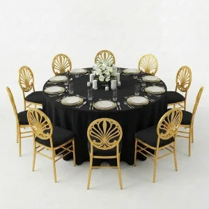 carla-round-black-cover-table-golden-chair-rental-setup