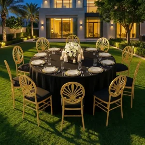 carla-round-dining-table-black-cover-gold-chair-setup-rentals-in-dubai